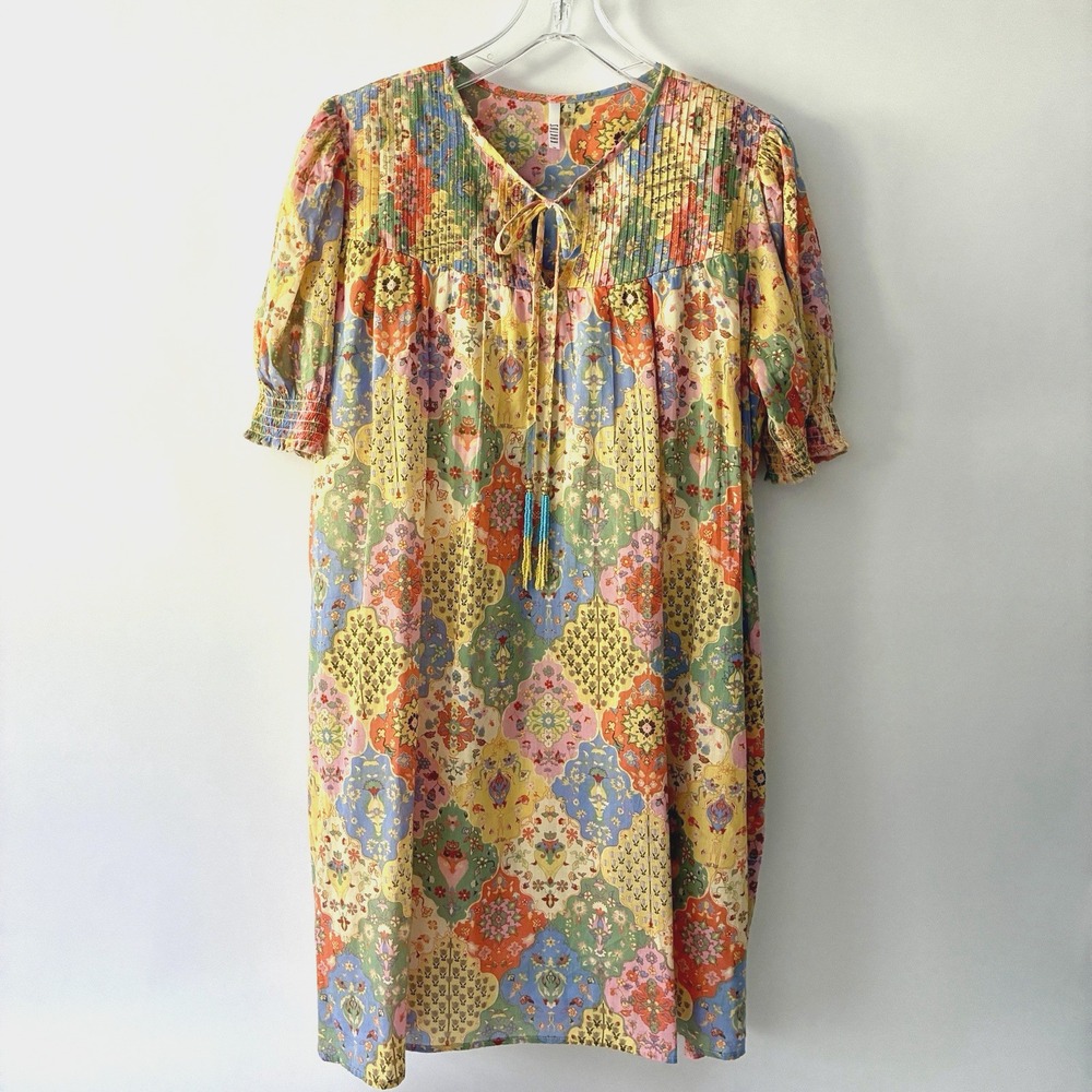 Boho Patchwork Kaktus Cotton Dress Size L Yellow Pleated Yoke Tassel Tie Peasant